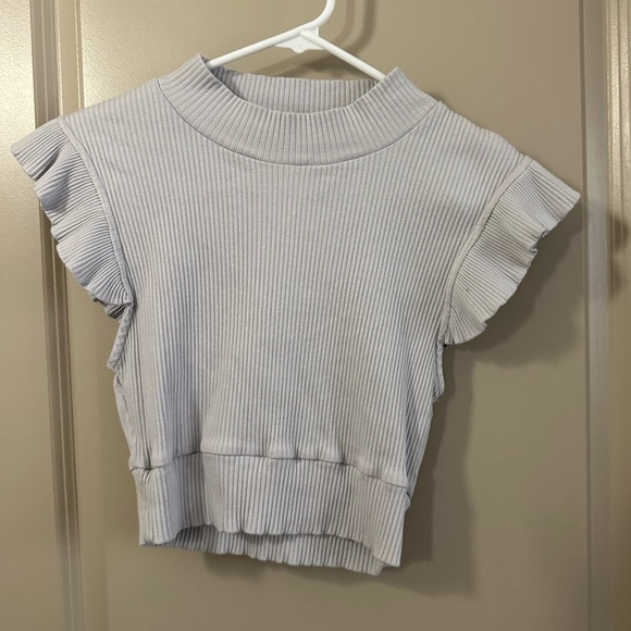 Women's Ribbed Ruffle Sleeve Top - Gray - Picture 1 of 3